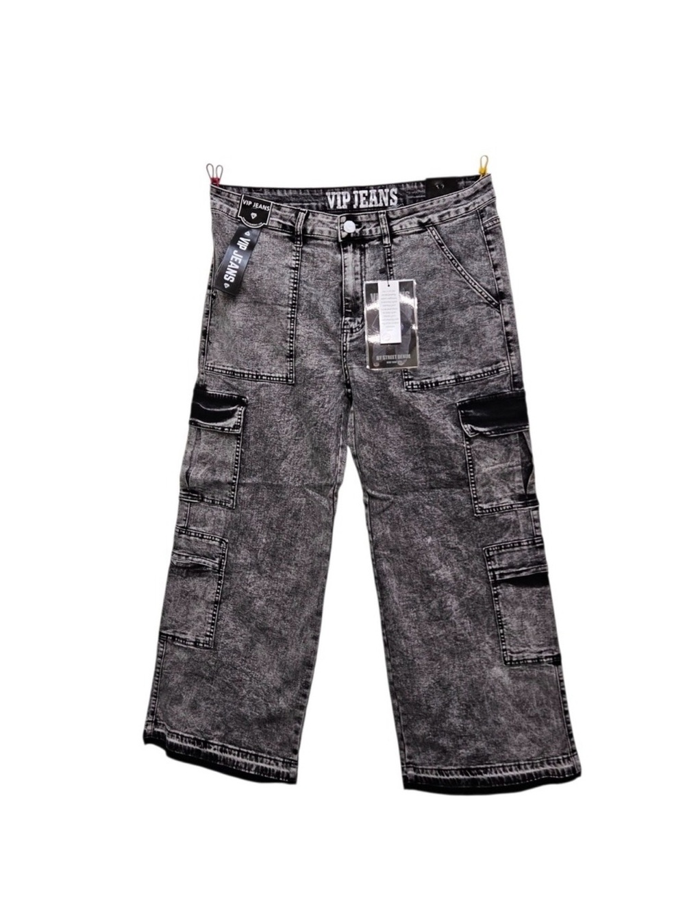 VIP Black-Gray Acid Wash Cargo Jeans